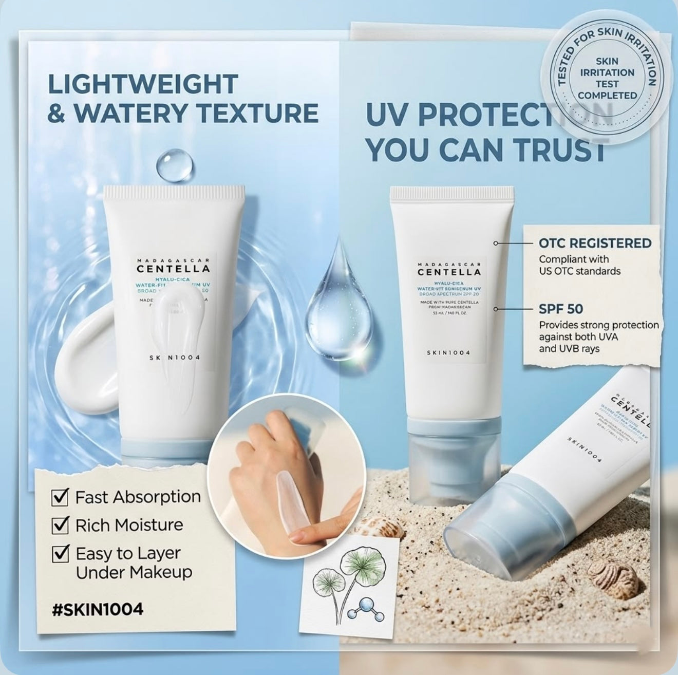 SKIN1004 Centella Water-Fit Sun Serum - Lightweight Moisturizing SPF Glow